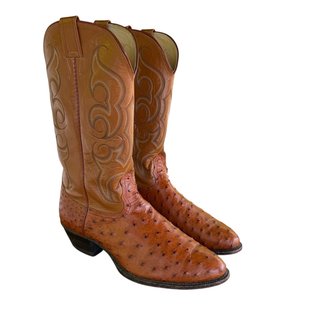 Nocona Mens Full Quill Ostrich Leather Western Cowboy Boots Cognac 10 D 80030